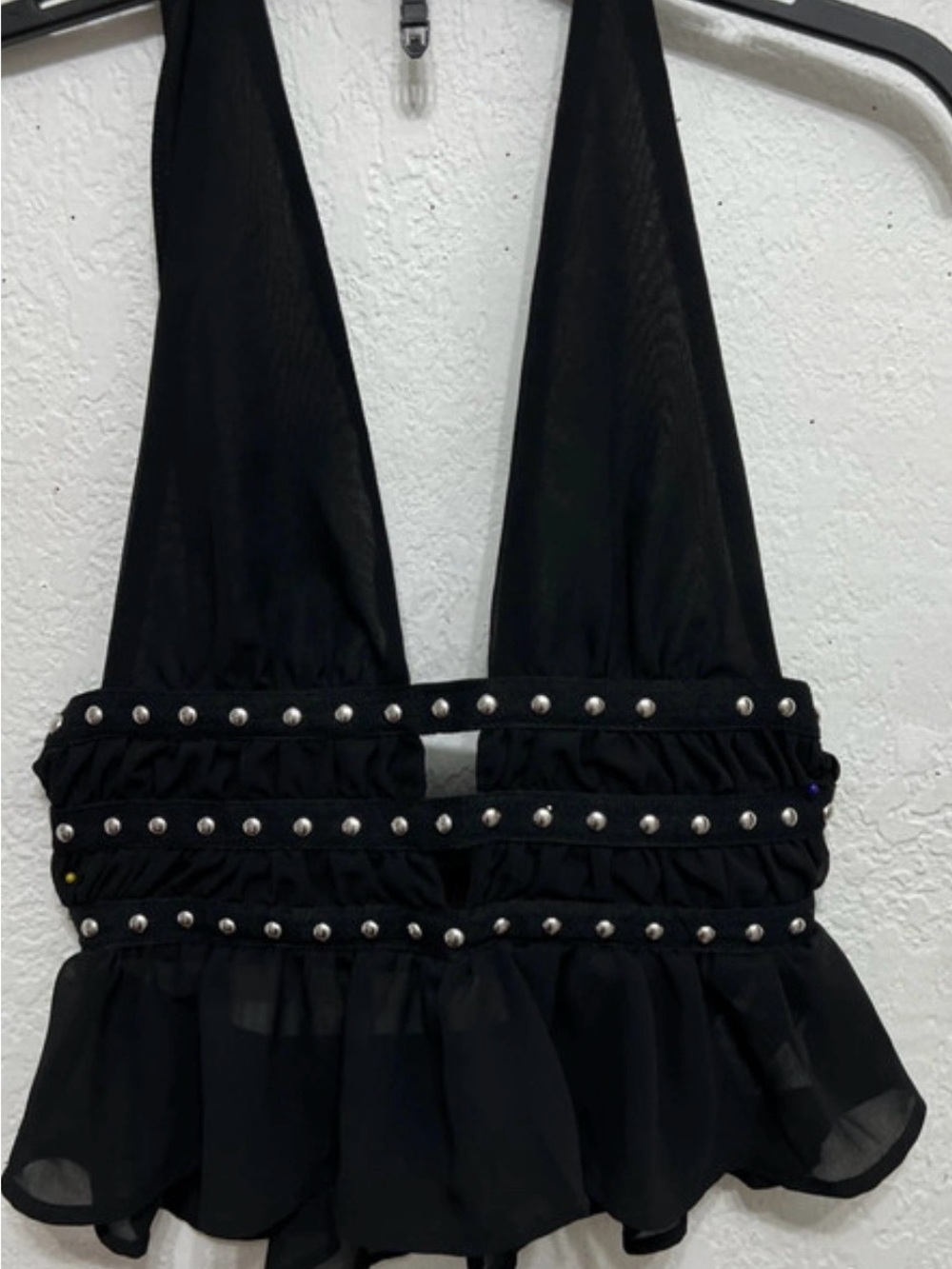 SHEIN Black Studded Halter Ruffle Camisole